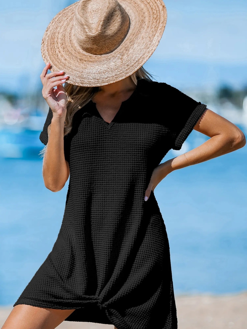 Cupshe Black Short-Sleeve Waffle Knit Twist-Hem Coverup